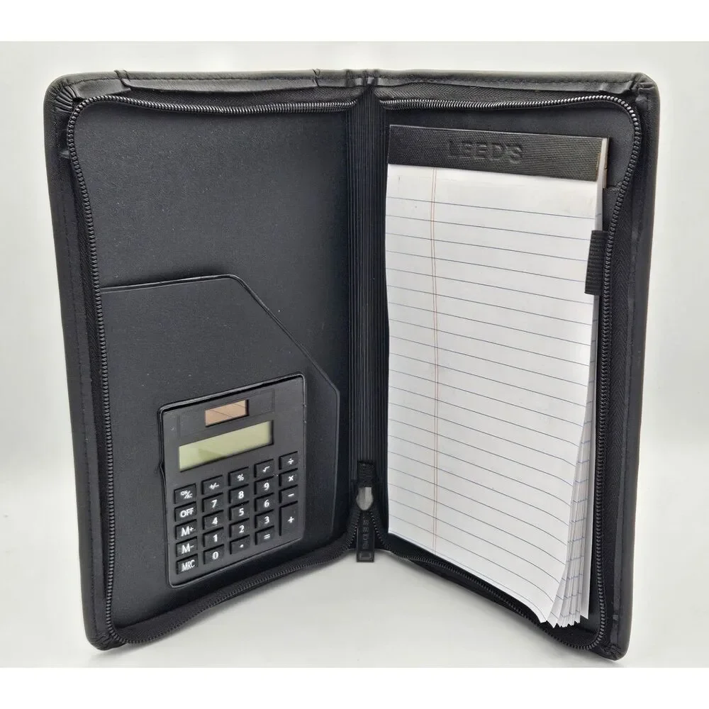 Black Zippered Portfolio Padfolio Organizer w/ Calculator & Notepad for Teacher